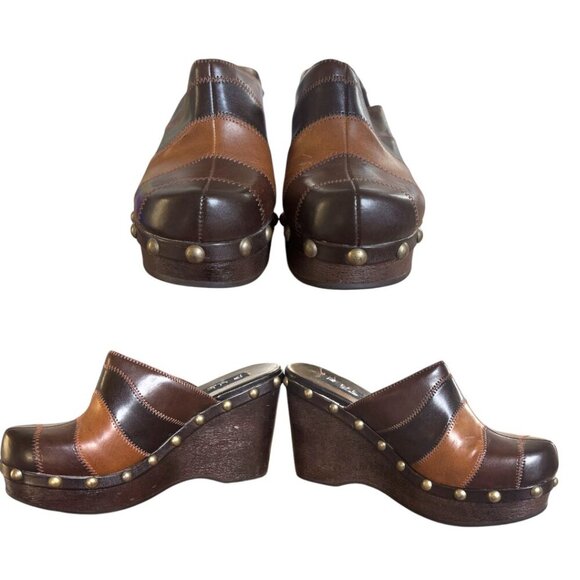 90's y2k VTG. PATCHWORK WEASTERN STUDDED WEDGE CLOGS RULE STEVE MADDEN 7 EUC - Picture 2 of 4
